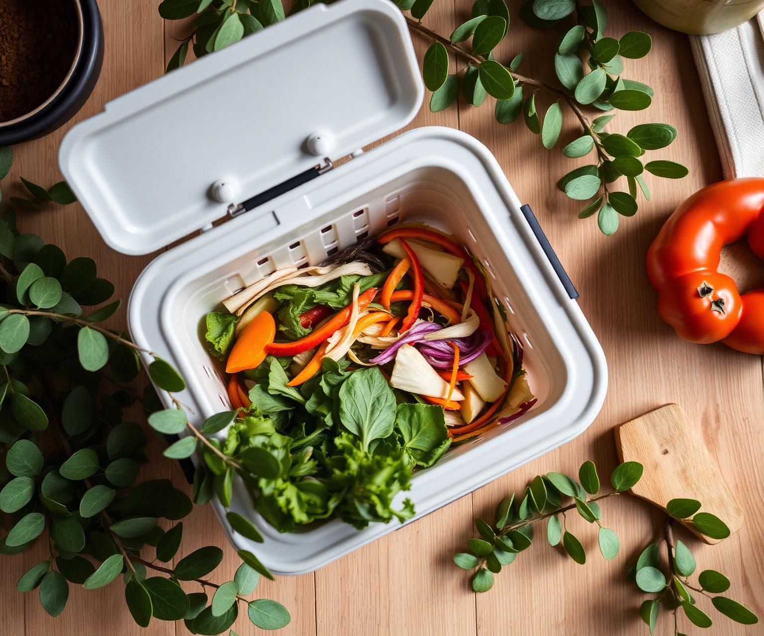 Modern kitchen food waste caddy with fresh organic scraps